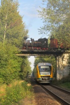 3-D-Kreuzung mit dem Dieseltriebwagen der Privatbahn ODEG