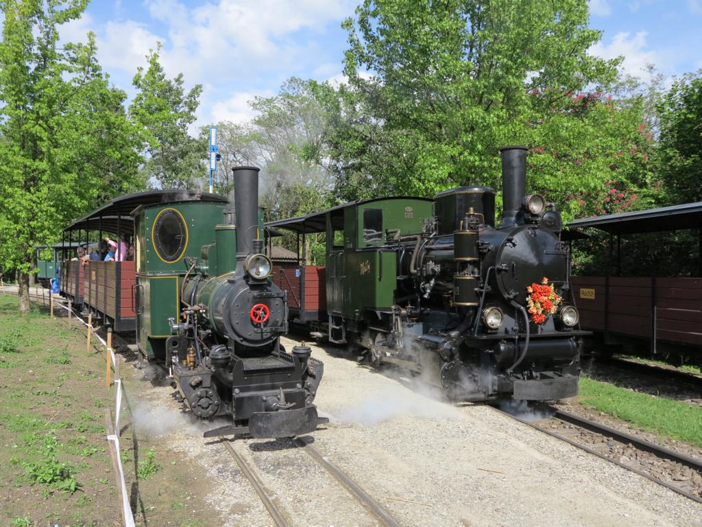 Die zwei grünen SchBB-Dampfloks treffen sich im Bahnhof Baumschulsee [10. Mai 2014]