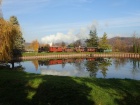 Der Zug und die Landschaft spiegeln sich im Baumschulsee
